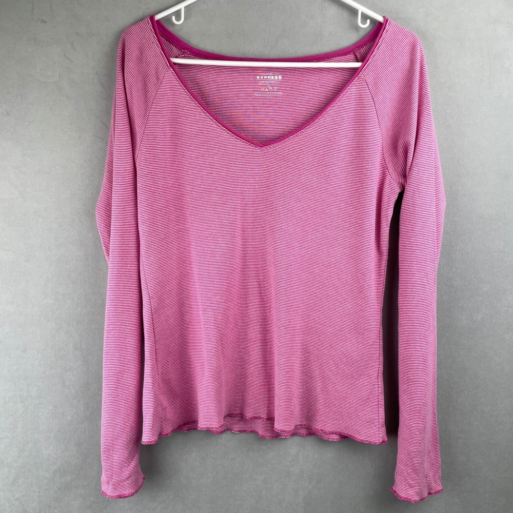 Express Pink White Striped V Neck Long Sleeve Cotton Blend Top Wmn XL Y2K Barbie